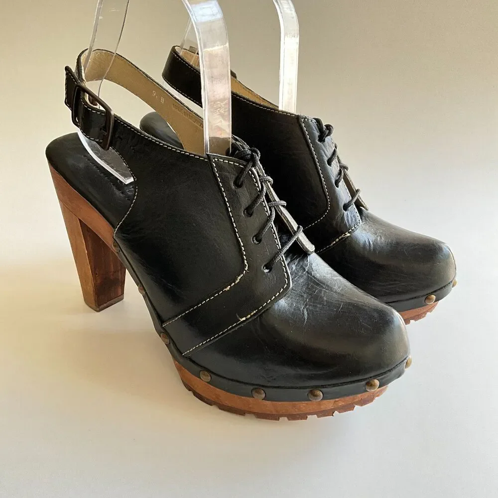 Bed Stu Cobbler Magnet Leather Oxford Slingback Wood Clogs 9